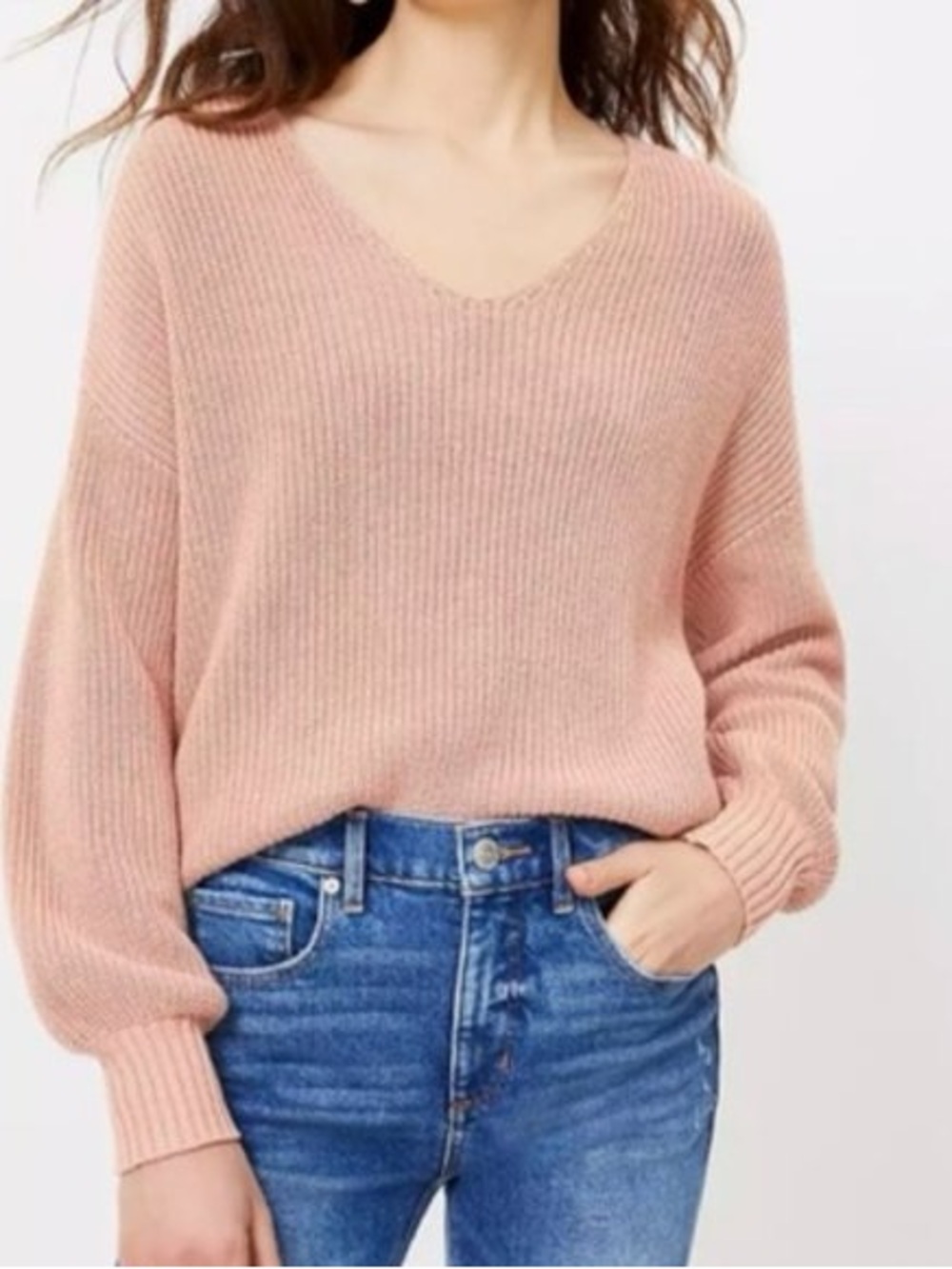 LOFT Blush Pink Ribbed V-Neck Sweater